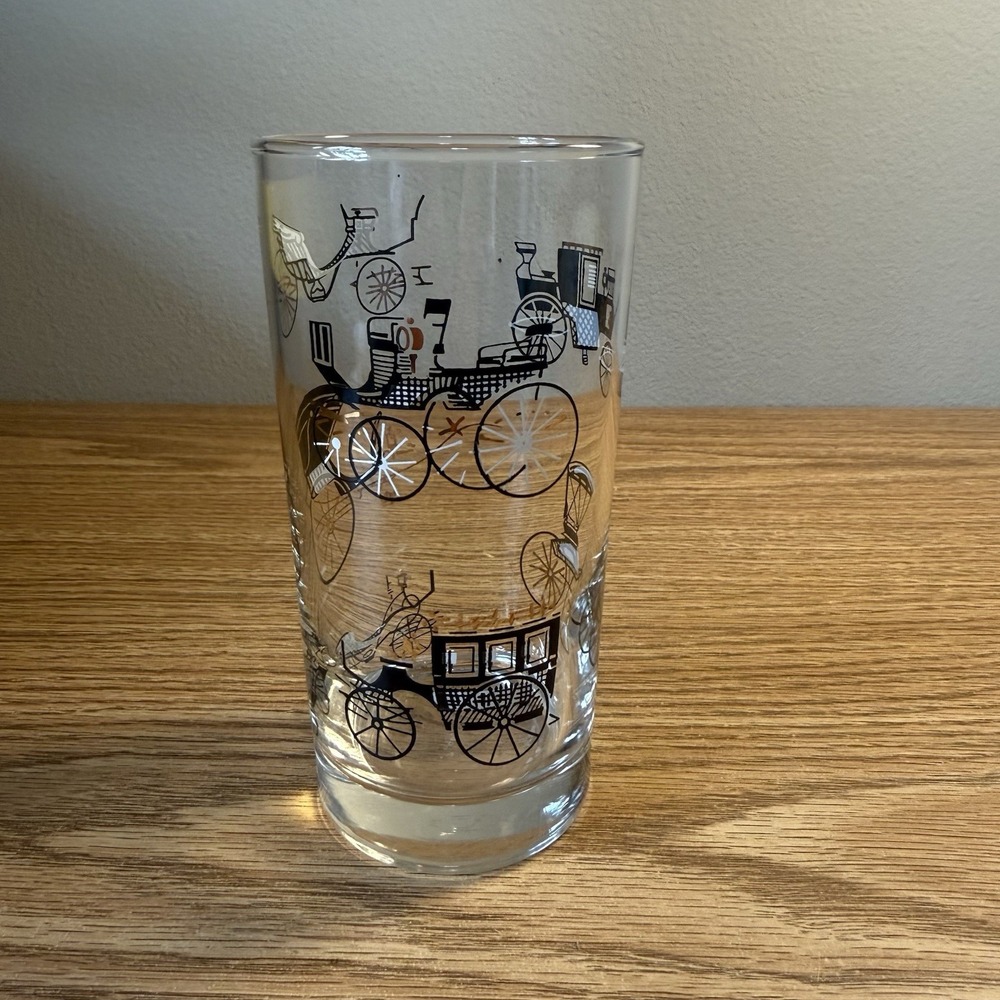 Libbey Glass Antique Carriages Coaches Tumbler Clear Black White‎ Silver Gold